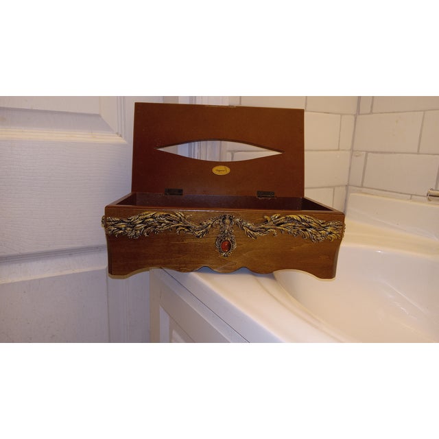 Traditional Country Elegant Parlor Piece: Solid Wood Hinged Lid, Gold Tone, Scalloped Walnut Ornamental Facial Tissue Box Napkin Holder Hotel Decor For Sale - Image 9 of 18