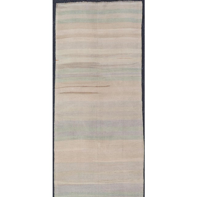 Subtle Horizontal Stripe Design Turkish Vintage Kilim Runner in Soft Pastels For Sale - Image 4 of 12