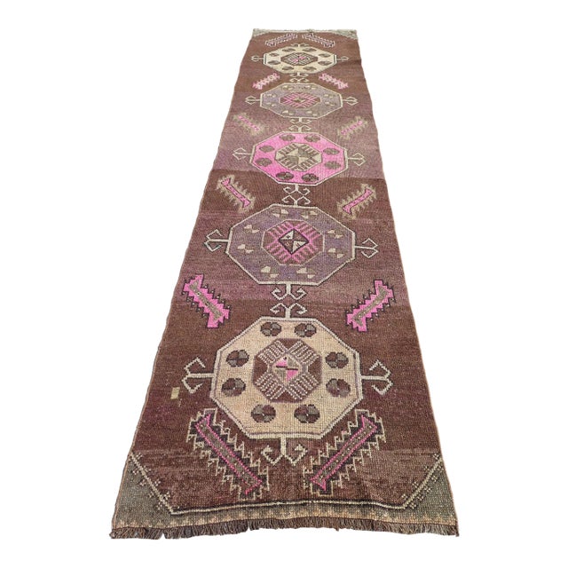 Brown 60s Geometric Design Turkish Kars Carpet Runner Rug For Sale