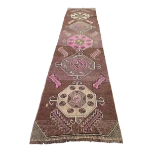 Brown 60s Geometric Design Turkish Kars Carpet Runner Rug