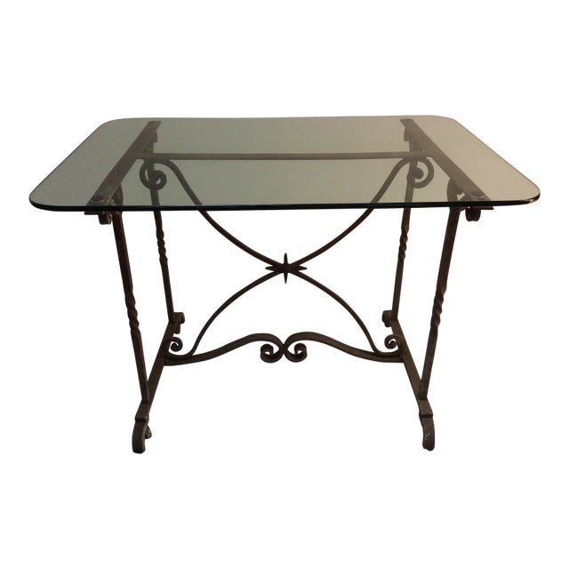 1970s Wrought Iron Glass Top Table For Sale