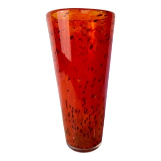 Henry Dean Mouth-Blown Red & Black Speckled Glass Vase, Signed For Sale
