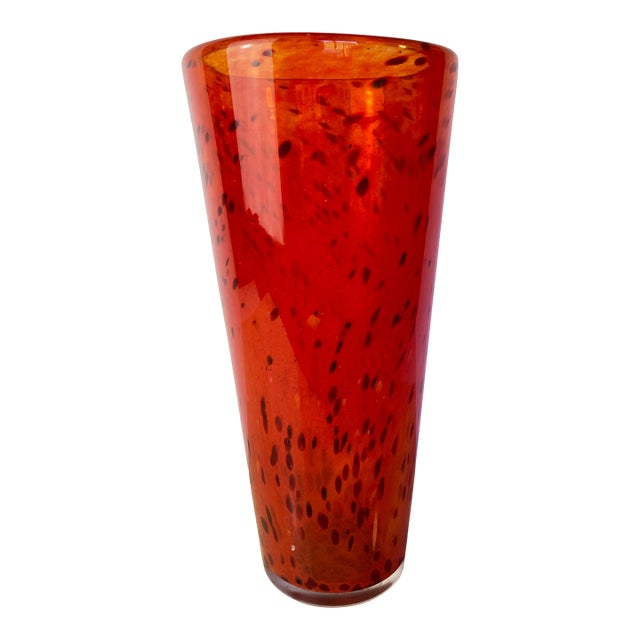 Henry Dean Mouth-Blown Red & Black Speckled Glass Vase, Signed For Sale