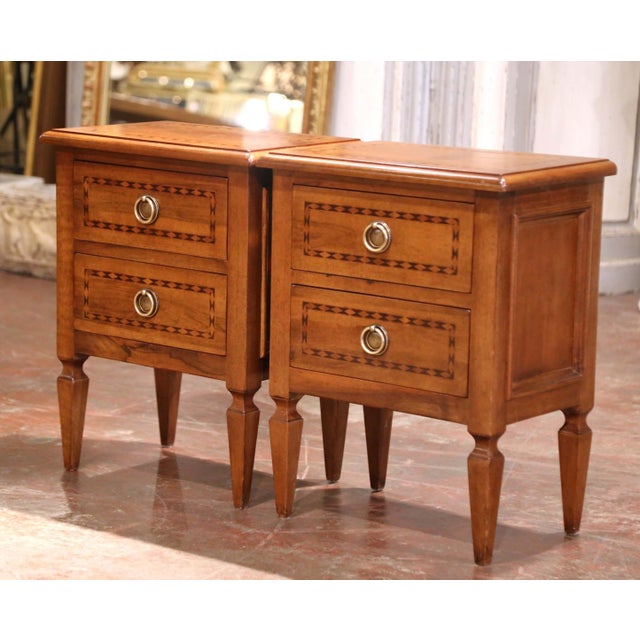 Pair of 20th C. Louis XVI Style Inlaid Walnut Nightstands With Parquetry Detail For Sale - Image 4 of 11