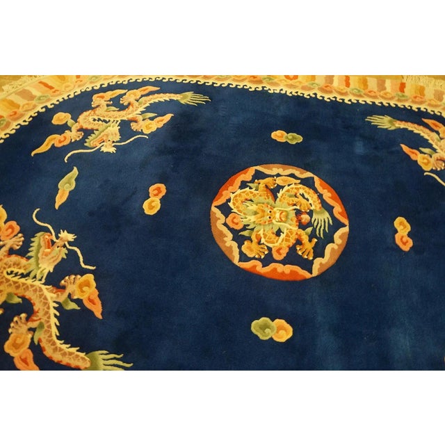 1980s Navy Blue Dragon Medallion Vintage Chinese Art Deco Carpet Oval 6'' X 9' Knotted Wool Rug For Sale - Image 12 of 12