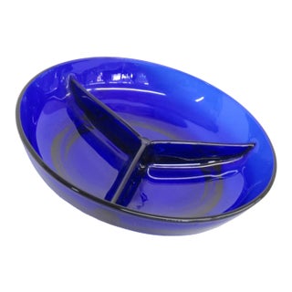 Cobalt Blue Glass Relish Dish Round 3 Compartment Sectioned Serving Bowl 4907b For Sale