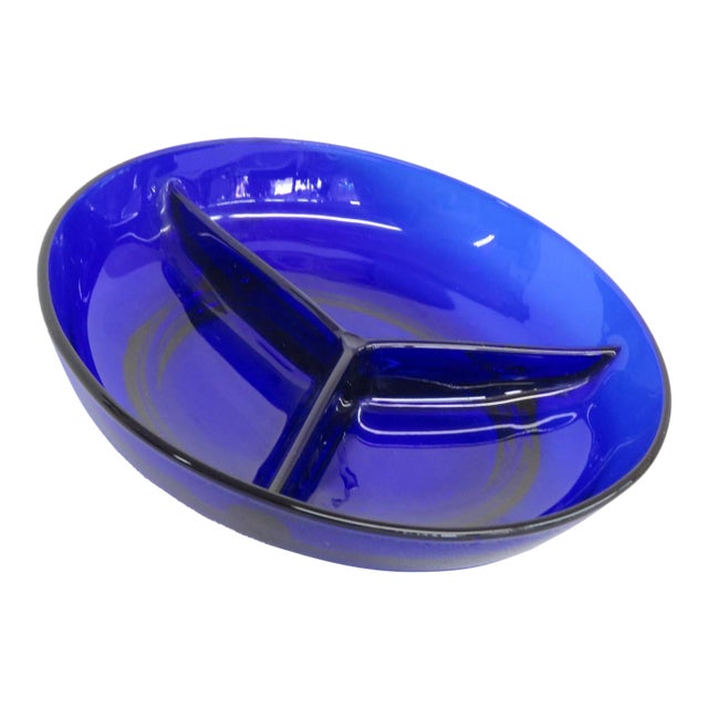 Cobalt Blue Glass Relish Dish Round 3 Compartment Sectioned Serving Bowl 4907b For Sale