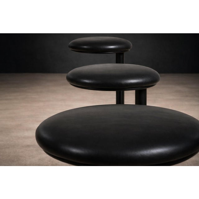 Ricardo Fasanello Ricardo Fasanello (1930–1993) Ciranda Stools, Set of Three, Brazil, 1986 — Black Carbon Steel and Leather For Sale - Image 4 of 11