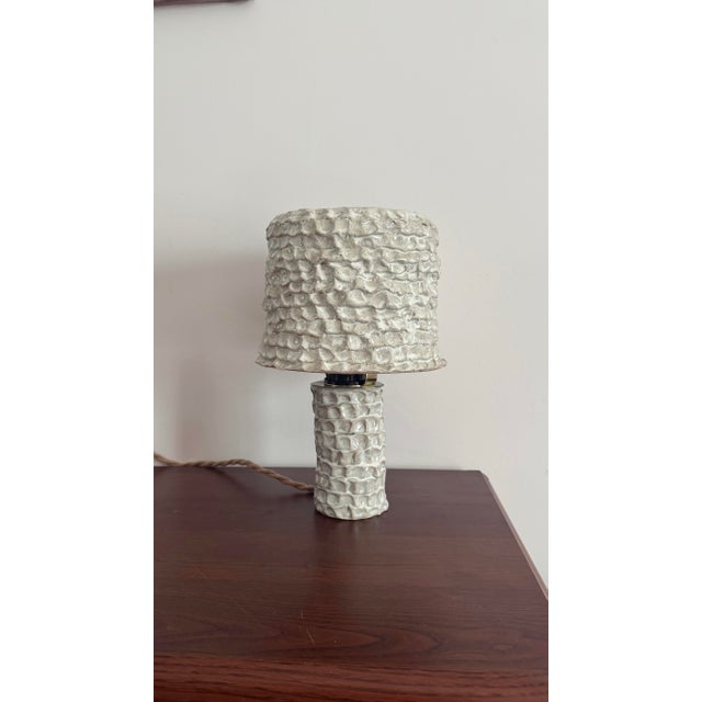 Contemporary Handmade Ceramic Table Lamp With Textured Stoneware Surface in White Color For Sale - Image 3 of 7