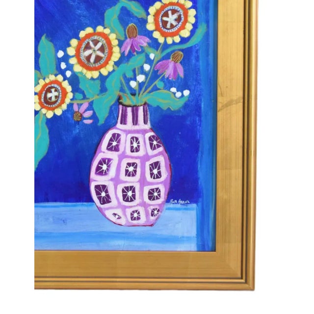 Original one-of-a-kind contemporary oil painting on artist canvas panel of a bouquet of colorful flowers in vase. The...
