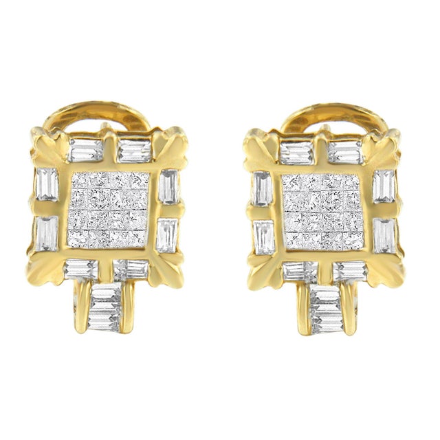 14K Yellow Gold 7/8 Cttw Princess and Baguette-Cut Diamond Square Framed Huggie Hoop Omega Earrings (H-I Color, SI1-SI2 Clarity) For Sale - Image 4 of 7
