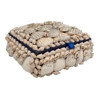 Vintage Coastal Sailors Valentine Shell Encrusted Trinket Box Blue Interior For Sale