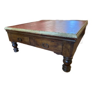 Vintage Campaign-Style Red Leather Trunk Coffee Table With Brass Nailhead Detail For Sale