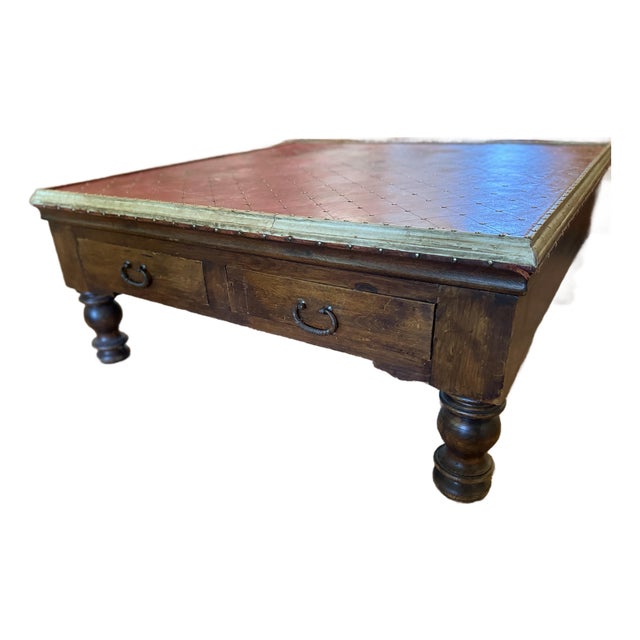 Vintage Campaign-Style Red Leather Trunk Coffee Table With Brass Nailhead Detail For Sale