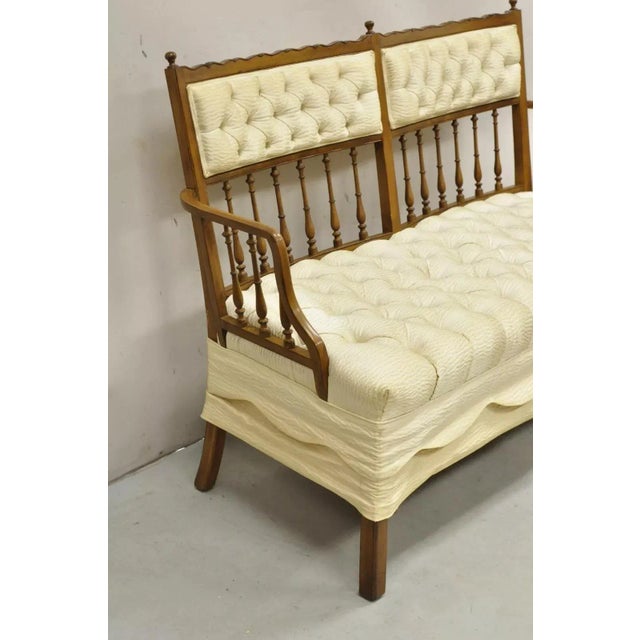 Mid 20th Century Vintage French Country Style Carved Wood Spindle Upholstered Settee Sofa For Sale - Image 4 of 12