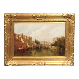 Oil Painting of a Canal Scene with Boats and Pedestrians from Late 19th Century For Sale