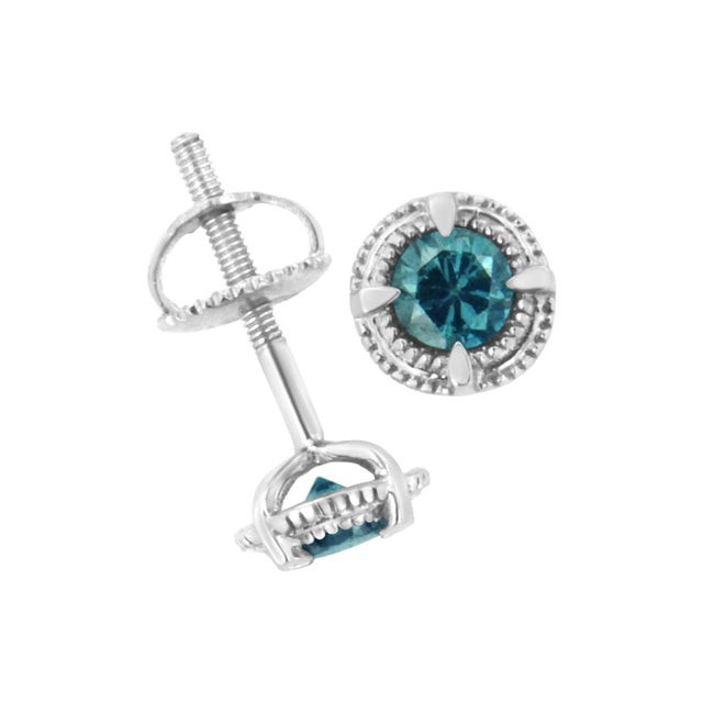 Haus of Brilliance .925 Sterling Silver 1 1/2 cttw Treated Blue Diamond Modern 4-Prong Solitaire Milgrain Stud Earrings (Blue Color, I1-I2 Clarity) For Sale - Image 4 of 6