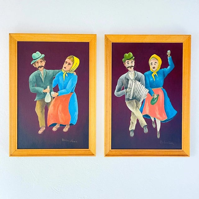 Oto Dobovišek, Naive Art Diptych, Oils on Hardboard, 1970s, Framed, Set of 2 For Sale - Image 13 of 13
