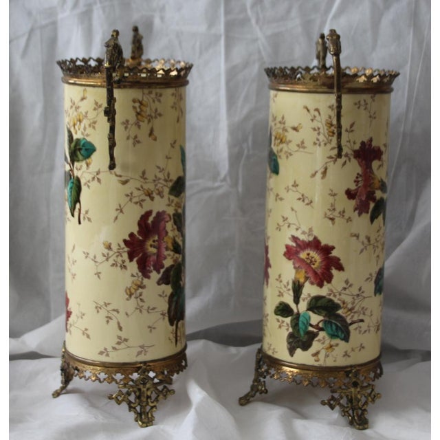 Metal Yellow Ceramic & Bronze Vases with Floral Decor, 1930s, Set of 2 For Sale - Image 7 of 18