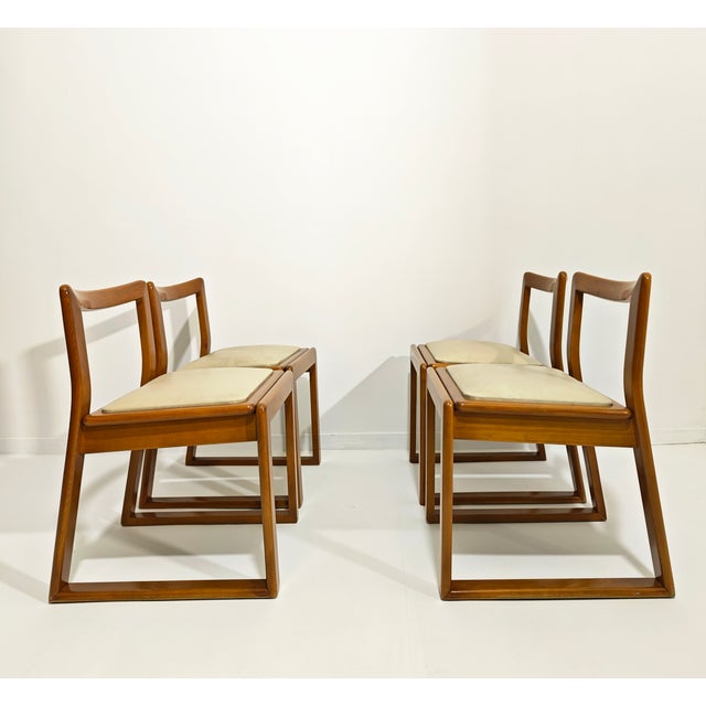 Curved Wood Chairs with Leather Seats, Italy, 1970s, Set of 4 For Sale - Image 9 of 12