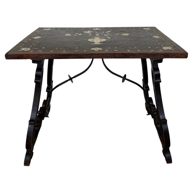 1930s Spanish Baroque Style Side Table with Floral Marquetry Top and Ebonized Base For Sale - Image 6 of 13