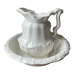 Vintage 1970’s White Ironstone Wash Basin and Pitcher - Set of 2