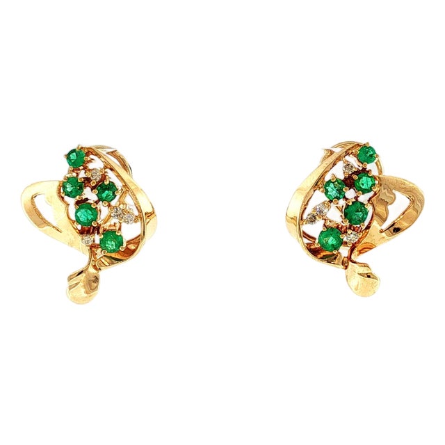1960's 18k Yellow Gold Emerald and Diamond Stylized Earrings, Pair For Sale
