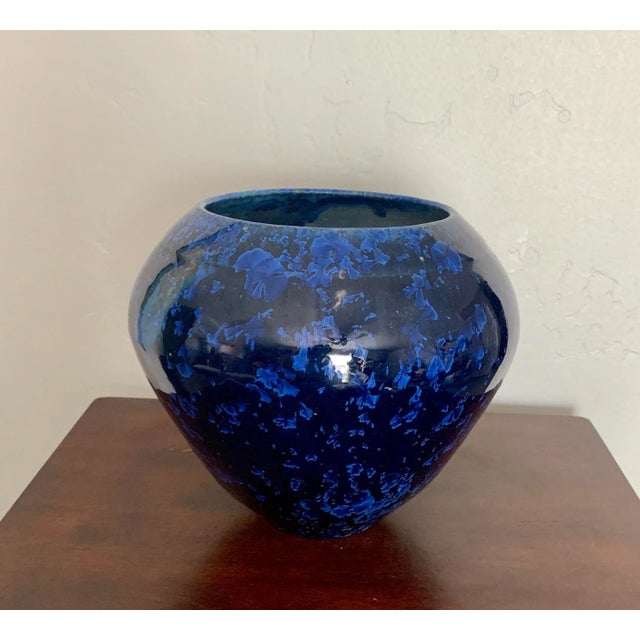 Late 20th Century Round Studio Pottery Vase With Two Tone Vivid Blue Glaze, Artist Stamped on the Bottom For Sale - Image 5 of 5