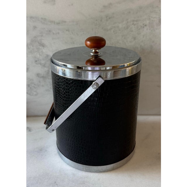 1960s 1960s Mid Century Modern Black Faux Alligator, Chrome and Wood Ice Bucket by Kromex For Sale - Image 5 of 11