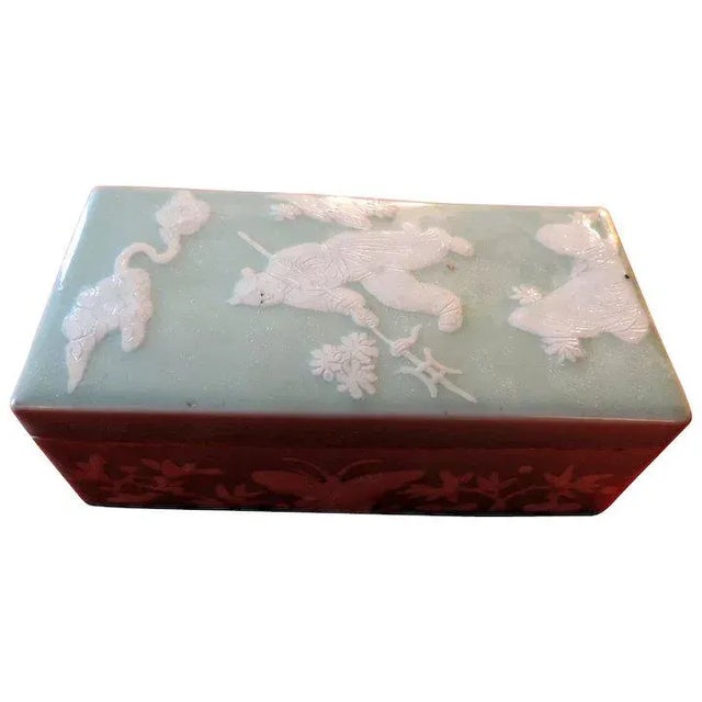 19th Century Chinese Celadon Porcelain Characters & Butterflies Writing Box For Sale - Image 11 of 11
