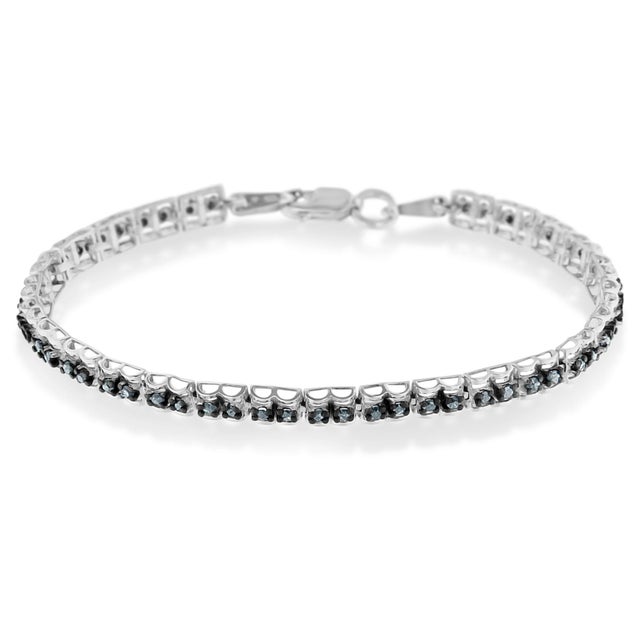 Contemporary Black Rhodium over .925 Sterling Silver 1.0 Cttw Rose Cut Diamond Double-Link 7" Tennis Bracelet (Blue Color, I1-I2 Clarity) For Sale - Image 3 of 7