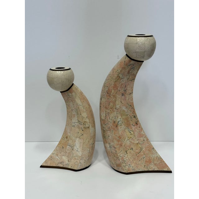 Beige 1980’s Sculptural Postmodern Maitland Smith Tessellated Stone & Brass Inlaid Candle Holders For Sale - Image 8 of 9