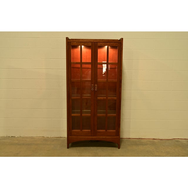 Stickley Mission Arts and Crafts Cherry Wood Lighted Bookcase Cabinet or Display Cabinet For Sale - Image 9 of 16