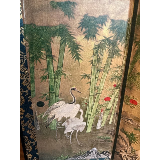 Vintage Asian-Inspired Four-Panel Tabletop Folding Screen With Cranes & Bamboo Designs. For Sale - Image 4 of 12