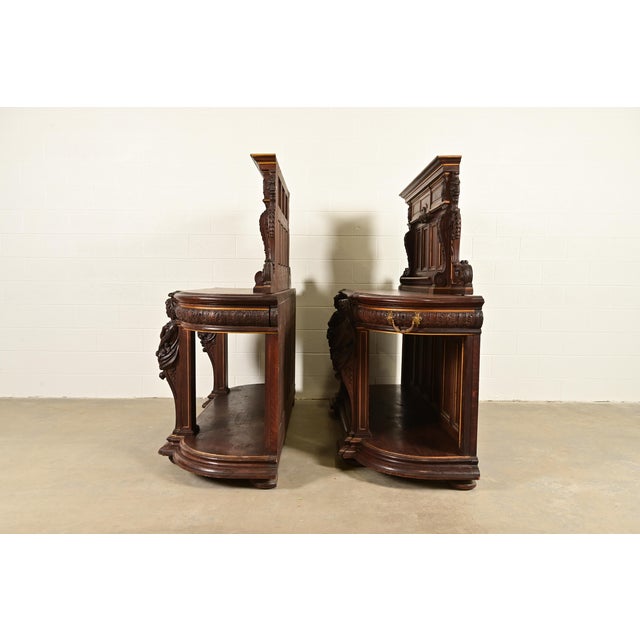 R. J. Horner Renaissance Revival Ornate Carved Oak Sideboards or Bar Cabinets, Circa 1880s For Sale - Image 12 of 14