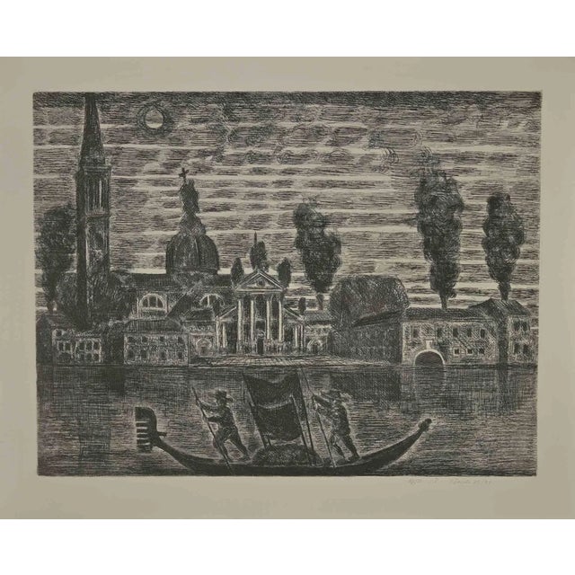 Gianpaolo Berto, Gondoliers in Venice, Etching, 1974 For Sale