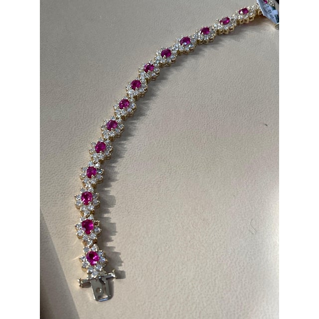 Ruby Red 7 Carat Oval Cut Natural Ruby & Diamond Tennis Bracelet 14kt Yellow Gold 24.5 G For Sale - Image 8 of 18
