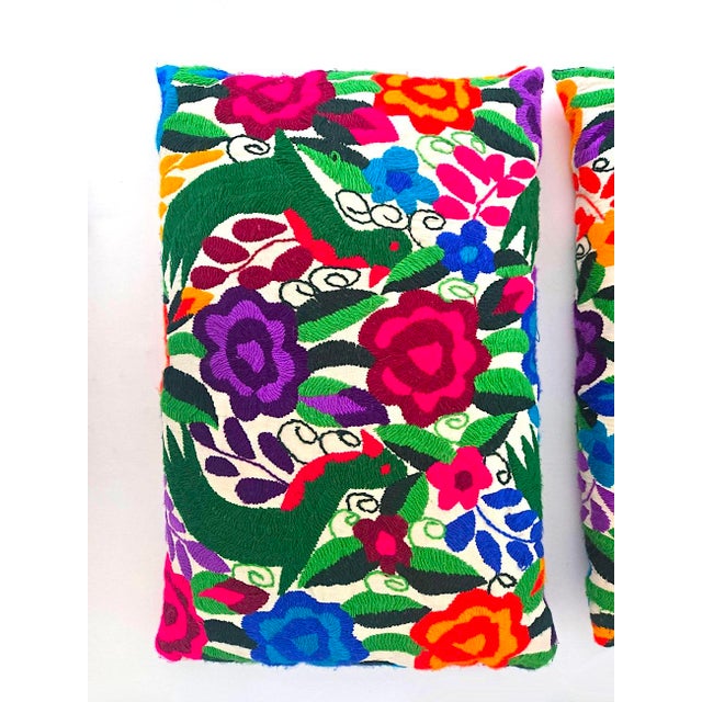 Vintage Multicolor Embroidered Otomi Tenango Hand-Stitched Pillows, a Pair For Sale - Image 9 of 13
