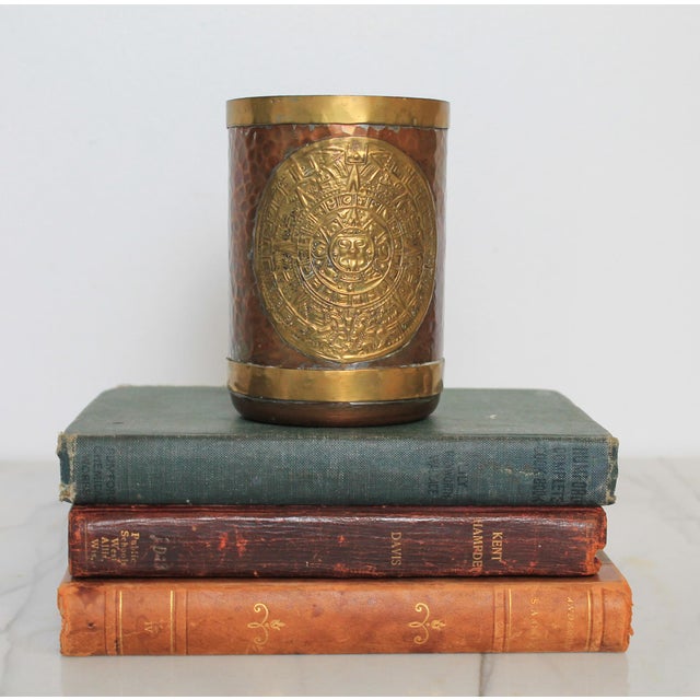 Vintage Mexican Art Hammered Copper & Brass Mayan / Aztec Calendar Mug. For Sale In Milwaukee - Image 6 of 9
