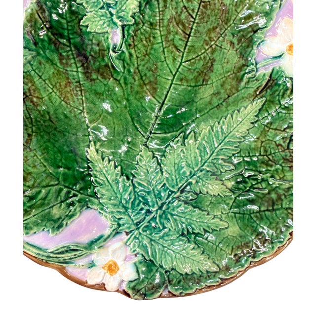 Ceramic Joseph Holdcroft Majolica Plate With Leaf, Ferns and Flowers, English, Ca. 1875 For Sale - Image 7 of 11
