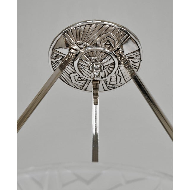 Silver French Art Deco Pendant Light by Noverdy 1930s - Floral Frosted Glass & Nickeled Bronze For Sale - Image 8 of 10
