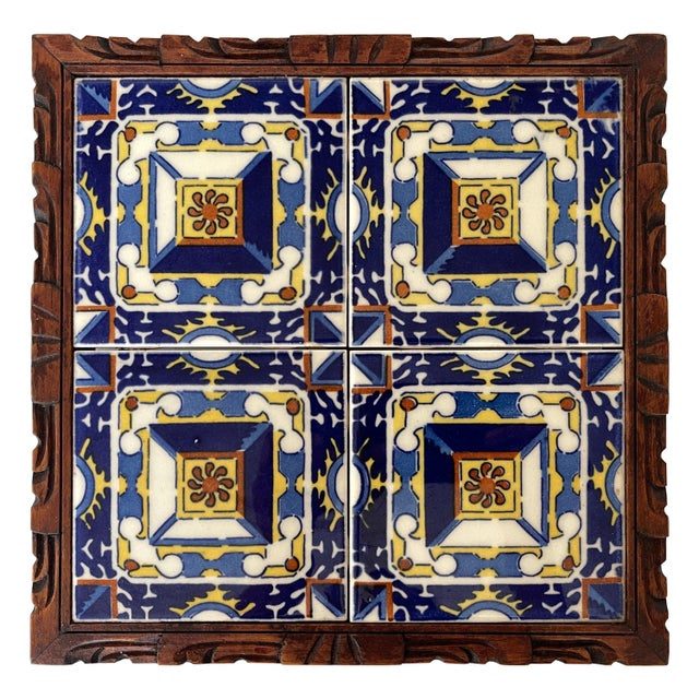 1950s Mexican Hand Carved Wood Frame Base Tile Trivet For Sale - Image 9 of 9