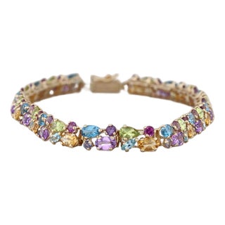13.09ctw Gemstone Tennis Bracelet 14k Gold 8" Tanzanite Topaz Amethyst Peridot For Sale