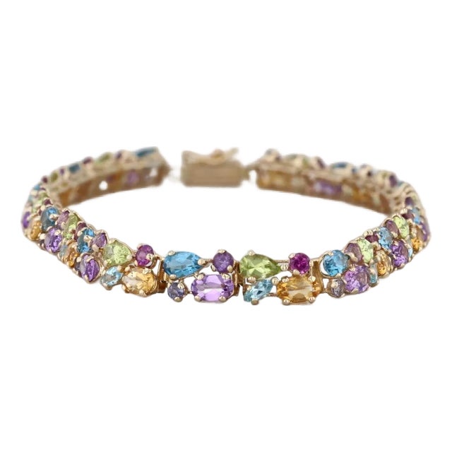 13.09ctw Gemstone Tennis Bracelet 14k Gold 8" Tanzanite Topaz Amethyst Peridot For Sale