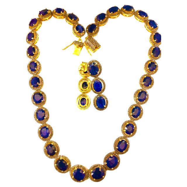 Bochic "Capri" Vintage Blue Sapphire & Diamond Necklace & Earrings Set 18K Gold For Sale - Image 17 of 18