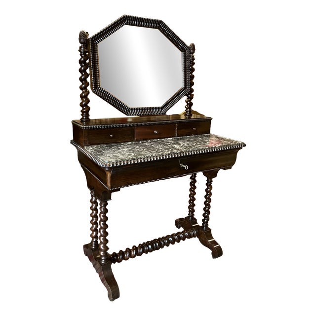 Victorian Dressing Table in Mahogany with Black Marble Top and Mercury Mirror Glass, 1890s For Sale