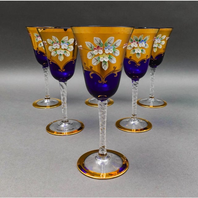 Tre Fuochi Venetian Glass Cobalt Blue 24K Gold Floral Wine Glasses Set Of 6. Measures approximately 3 1/8" diameter, 7...