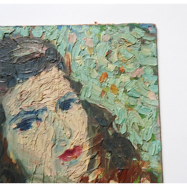 Mid 20th century oil on artist board impressionist impasto portrait painting of woman in red with white polkadots dress....