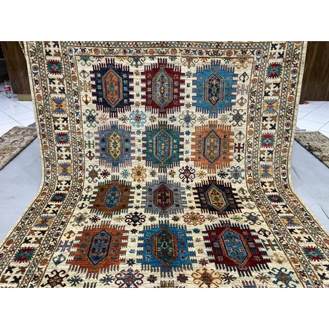 Ivory & Blue Afghan Sultani Natural Dye Wool Rug, Tribal Geometric Medallions, 6′8″ × 9′11″ For Sale - Image 6 of 15