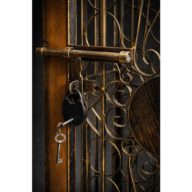Late 20th Century Tall Iron & Wood Wine Cabinet / Bar Display (72” H X 25” W X 15” D) With Locking Door & Scrollwork Front For Sale - Image 4 of 8